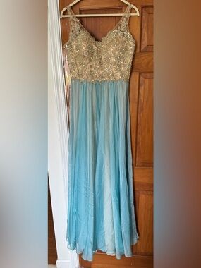 La Femme Gold and Aqua Satin Lace Evening Dress